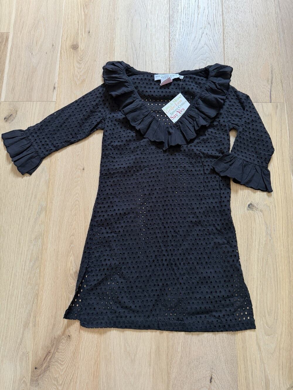 Gretchen Scott Designs Black Eyelet Ruffle V Neck 3/4 Sleeve Dress Size XS *flaw